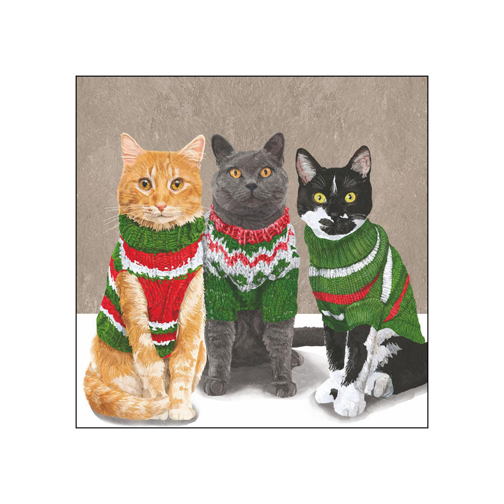 Three cats wearing festive red and green Christmas sweaters in illustrated cocktail napkin design