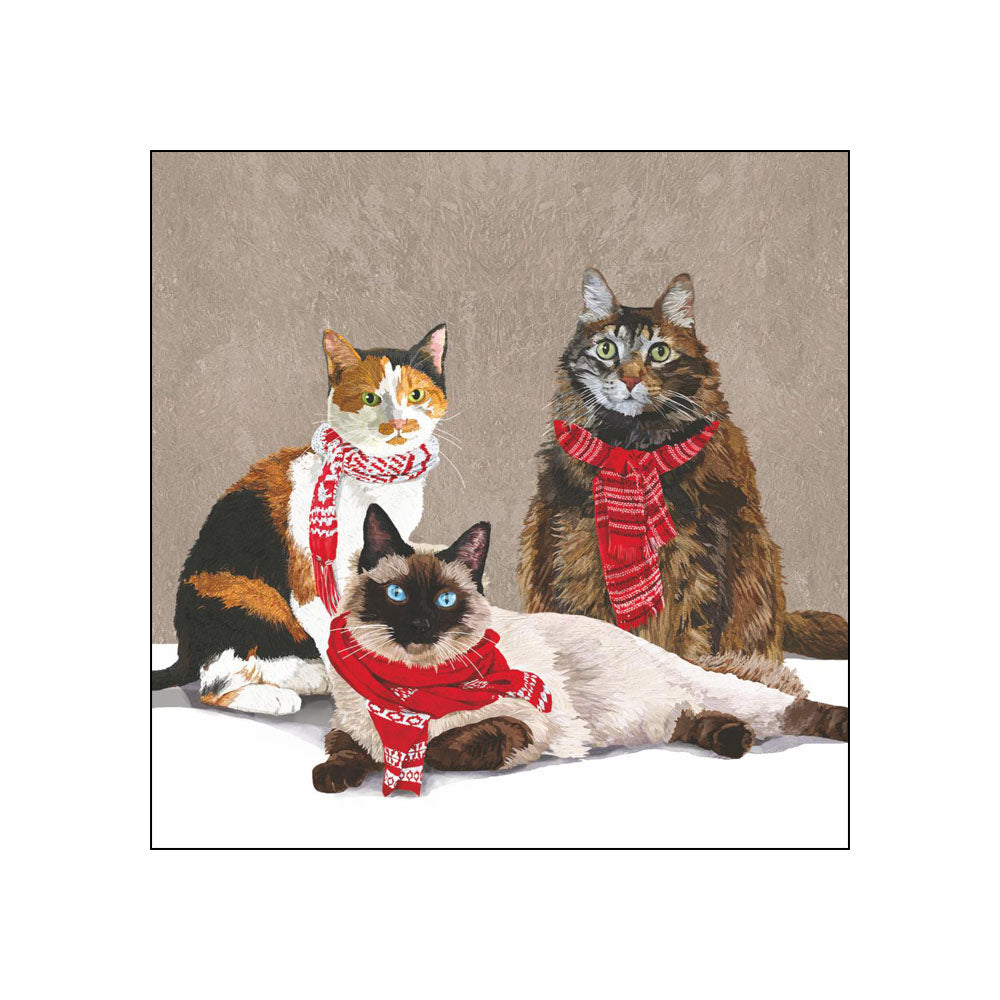 Cocktail napkin artwork featuring three cats wearing red Nordic scarves on neutral background