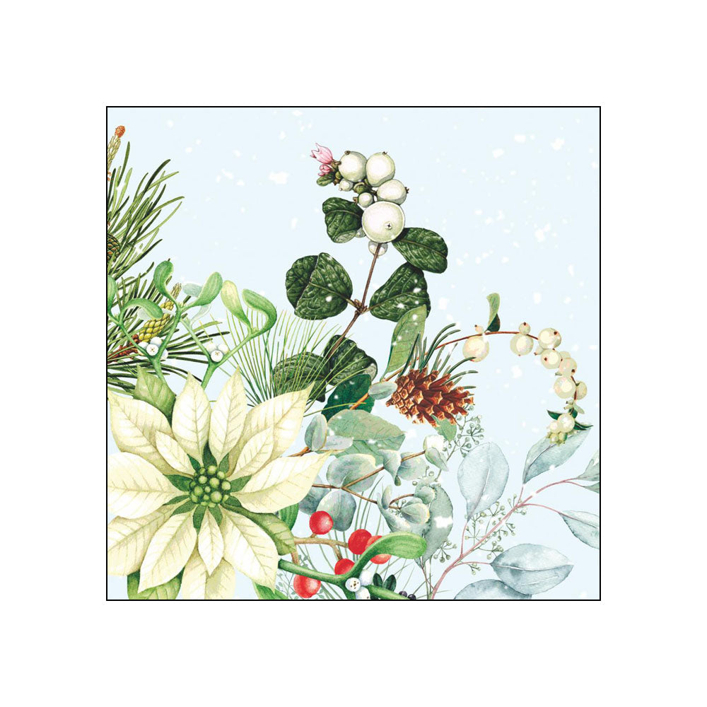 White poinsettia cocktail napkin design with snowberries, pine cones, and winter botanicals