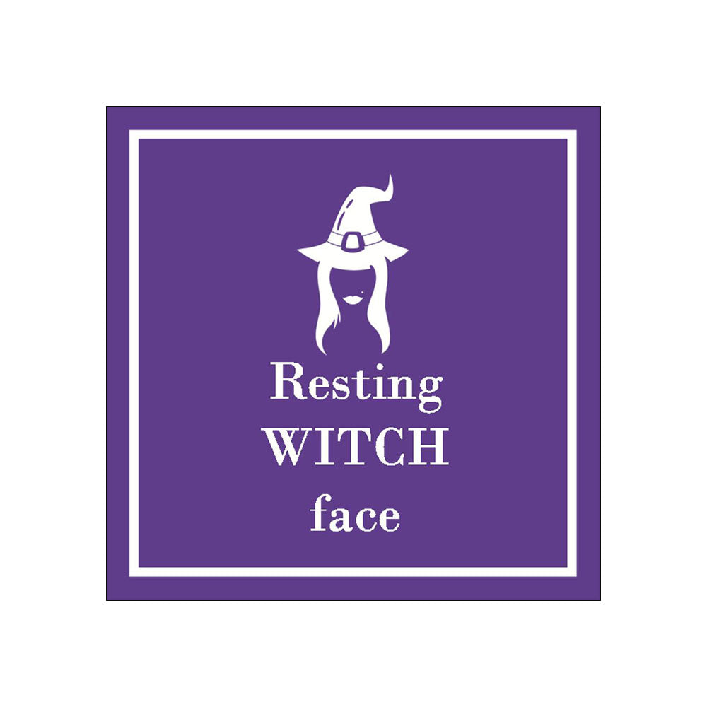 Purple cocktail napkin with white witch silhouette and Resting Witch Face text