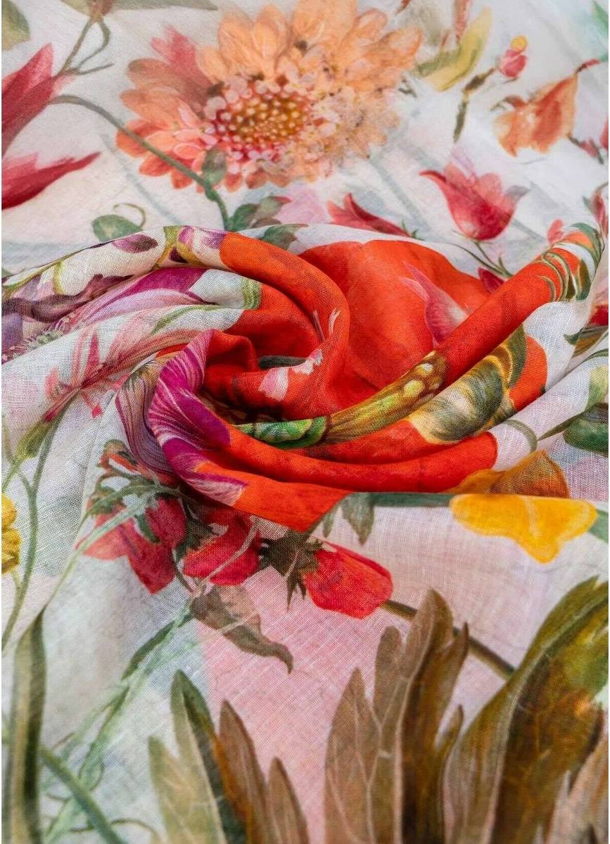 Linen/Cotton Scarf - Fine Flowers, Cream