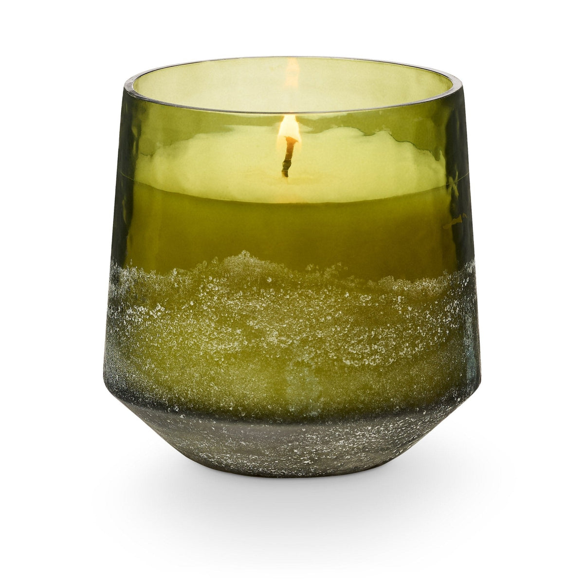 ILLUME Balsam and Cedar Baltic Glass Candle in olive green textured glass vessel with lit wick