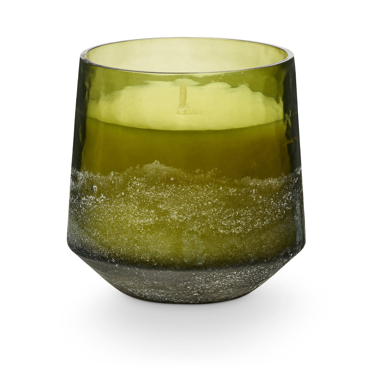 ILLUME Balsam and Cedar Baltic Glass Candle in olive green textured glass vessel