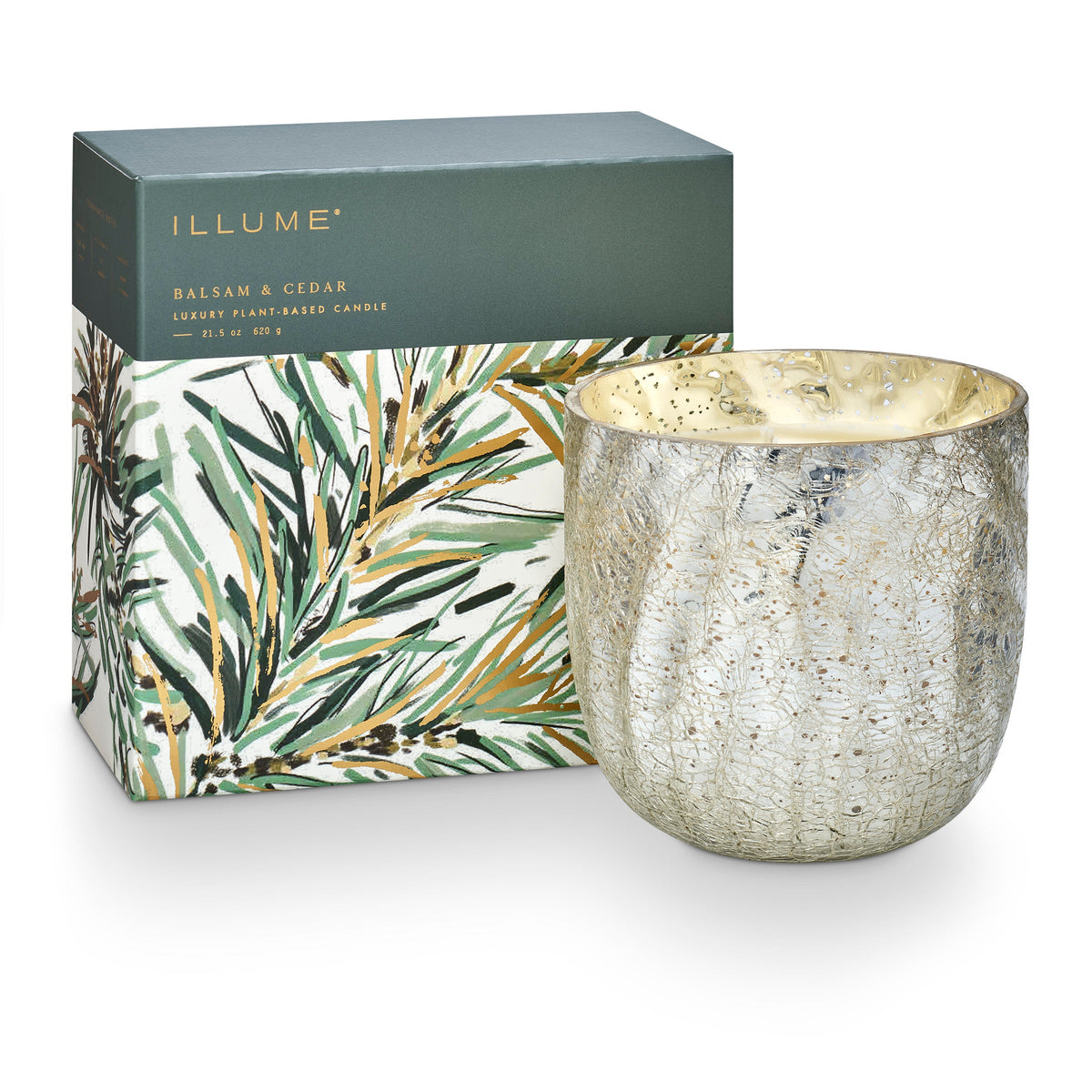ILLUME Balsam & Cedar large crackle glass candle with botanical gift box packaging