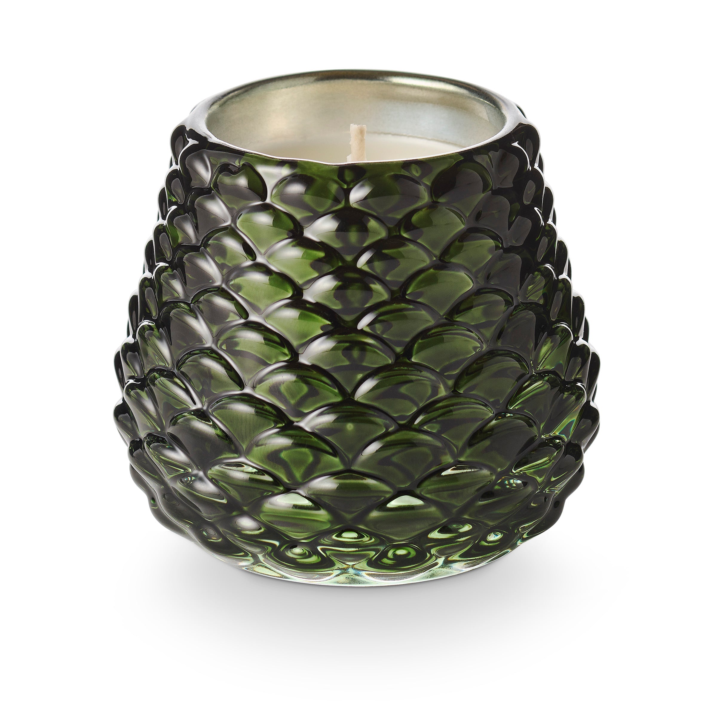 Illume Balsam and Cedar candle in green textured glass pinecone-shaped vessel with white wick
