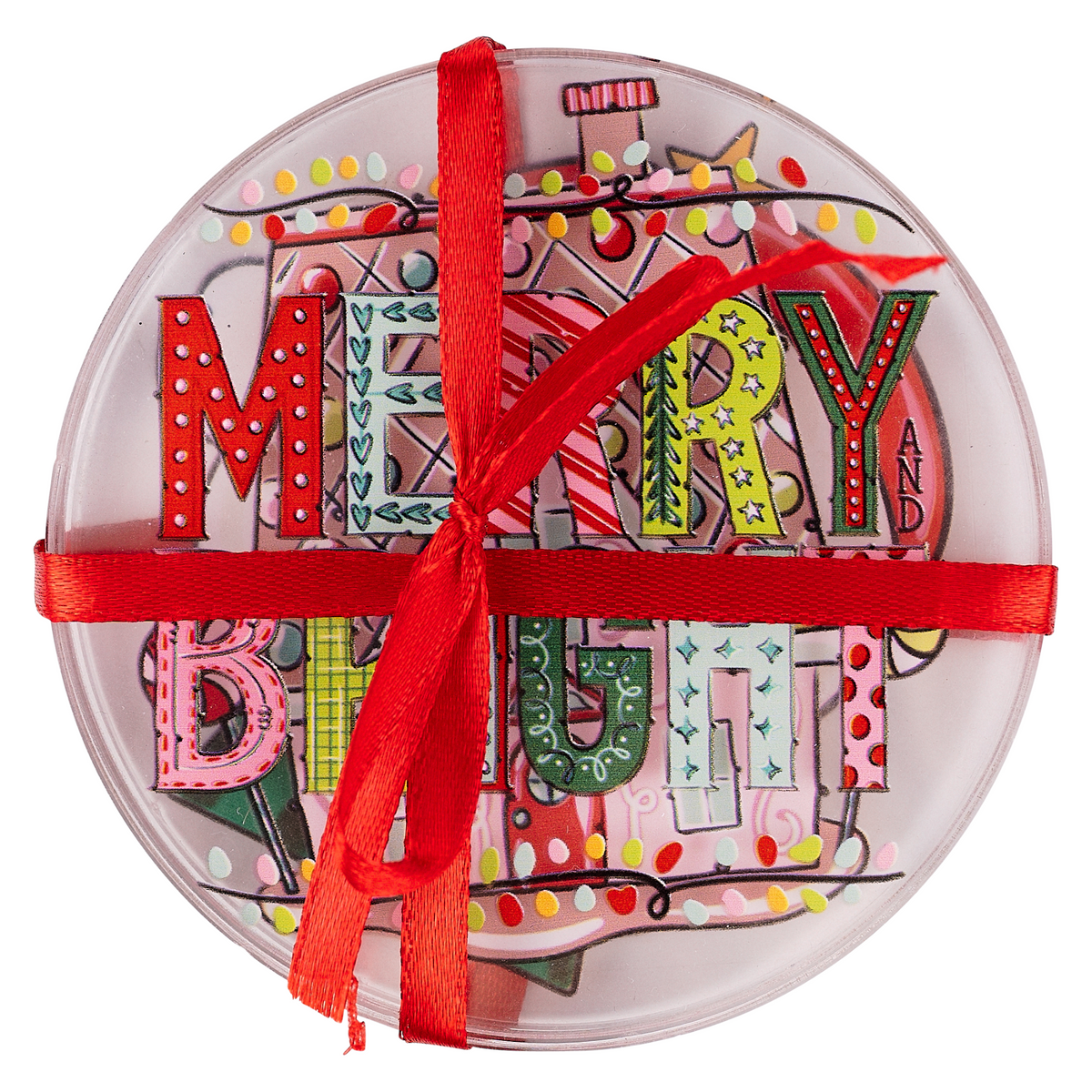 Round Glory Haus Merry and Bright coaster set tied with a red ribbon bow