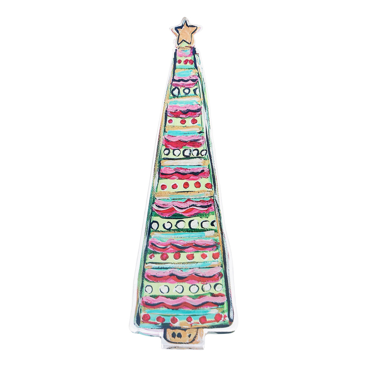 Glory Haus colorful Christmas tree acrylic stand with red wavy stripes and gold star topper