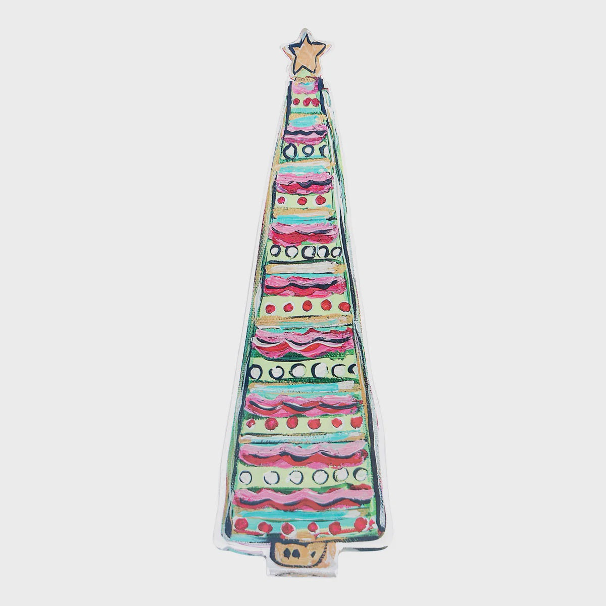 Glory Haus acrylic Christmas tree stand with red wavy stripes, dots, and gold star topper