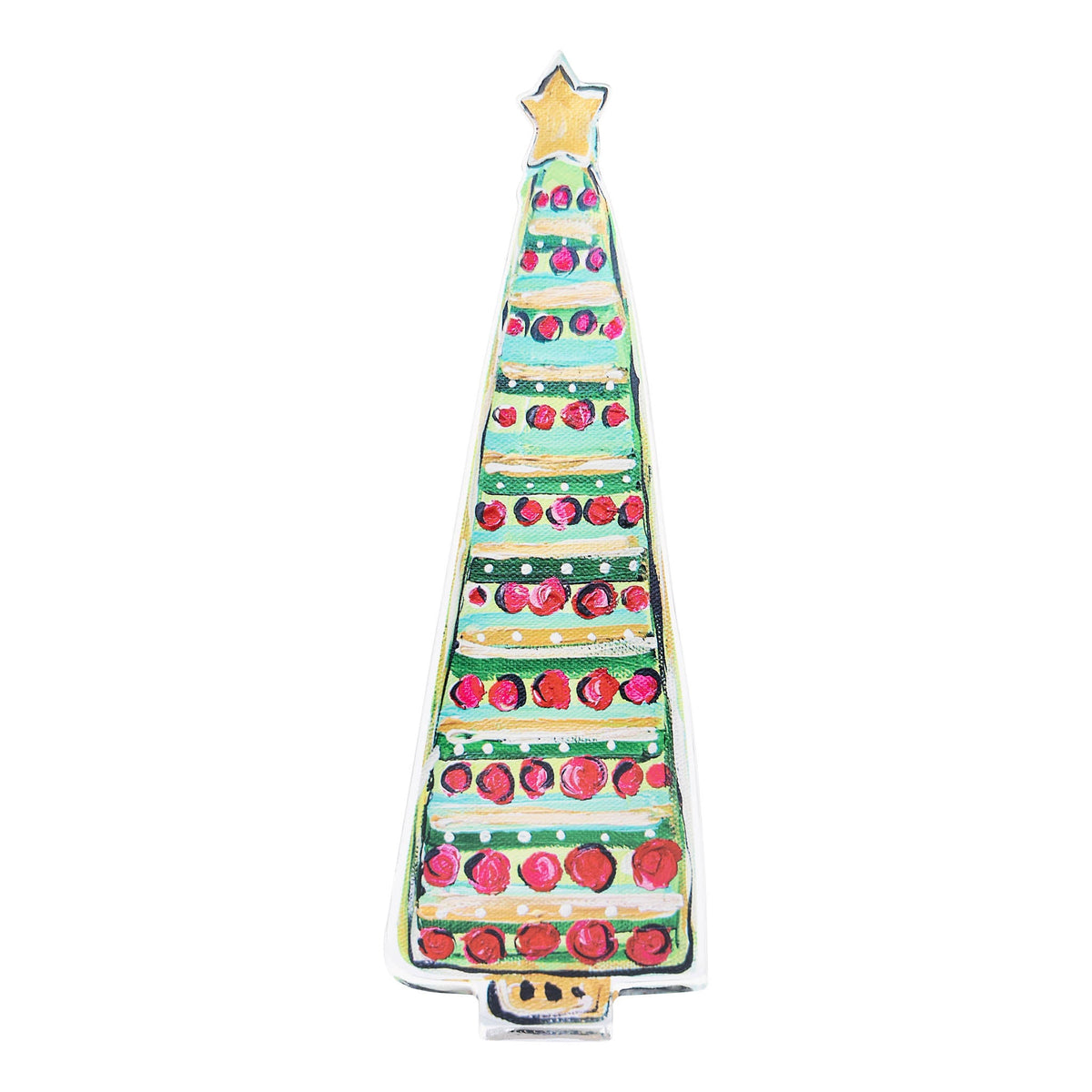 Glory Haus bright gold and green Christmas tree acrylic stand with red ornament decorations and star topper