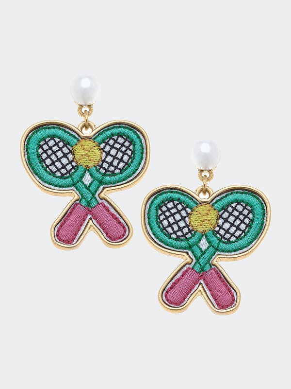Stuck On You Tennis Racket Patch Earrings in Green & Pink