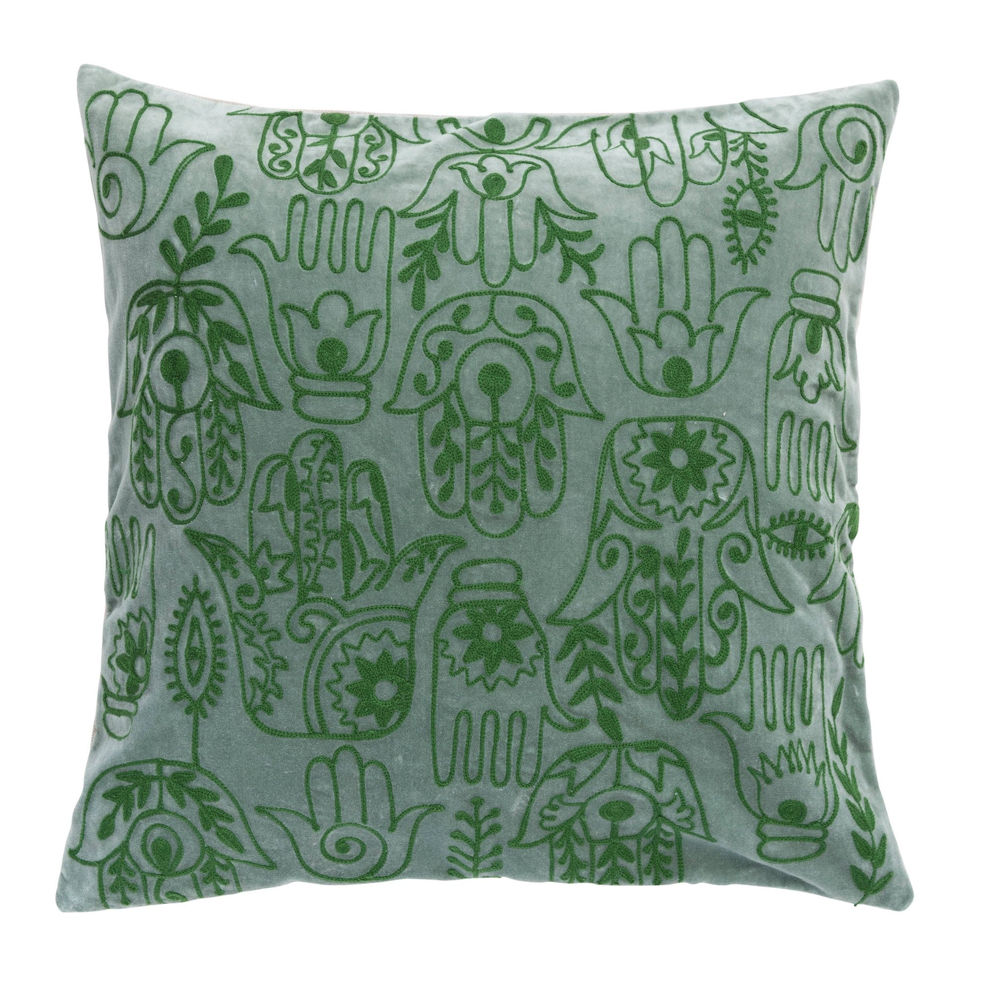 20" Square Cotton Velvet Pillow, Forest Green & Natural