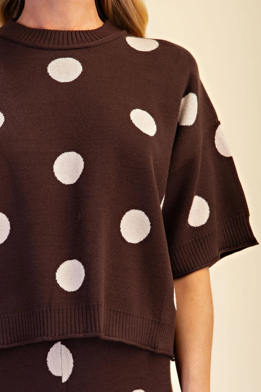 Polka Dot Sweater Round Neck Short Sleeve - Brown - Small