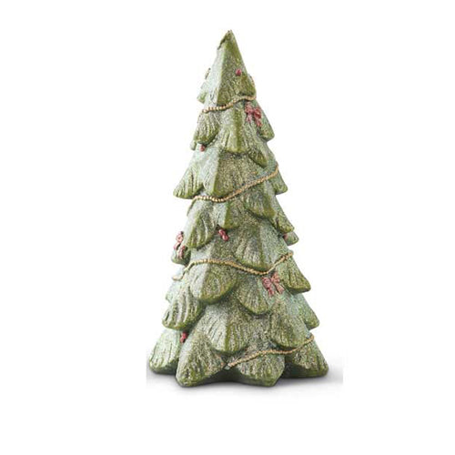 Resin Green Glitter Tree w/Gold Garland & Red Bow - Large