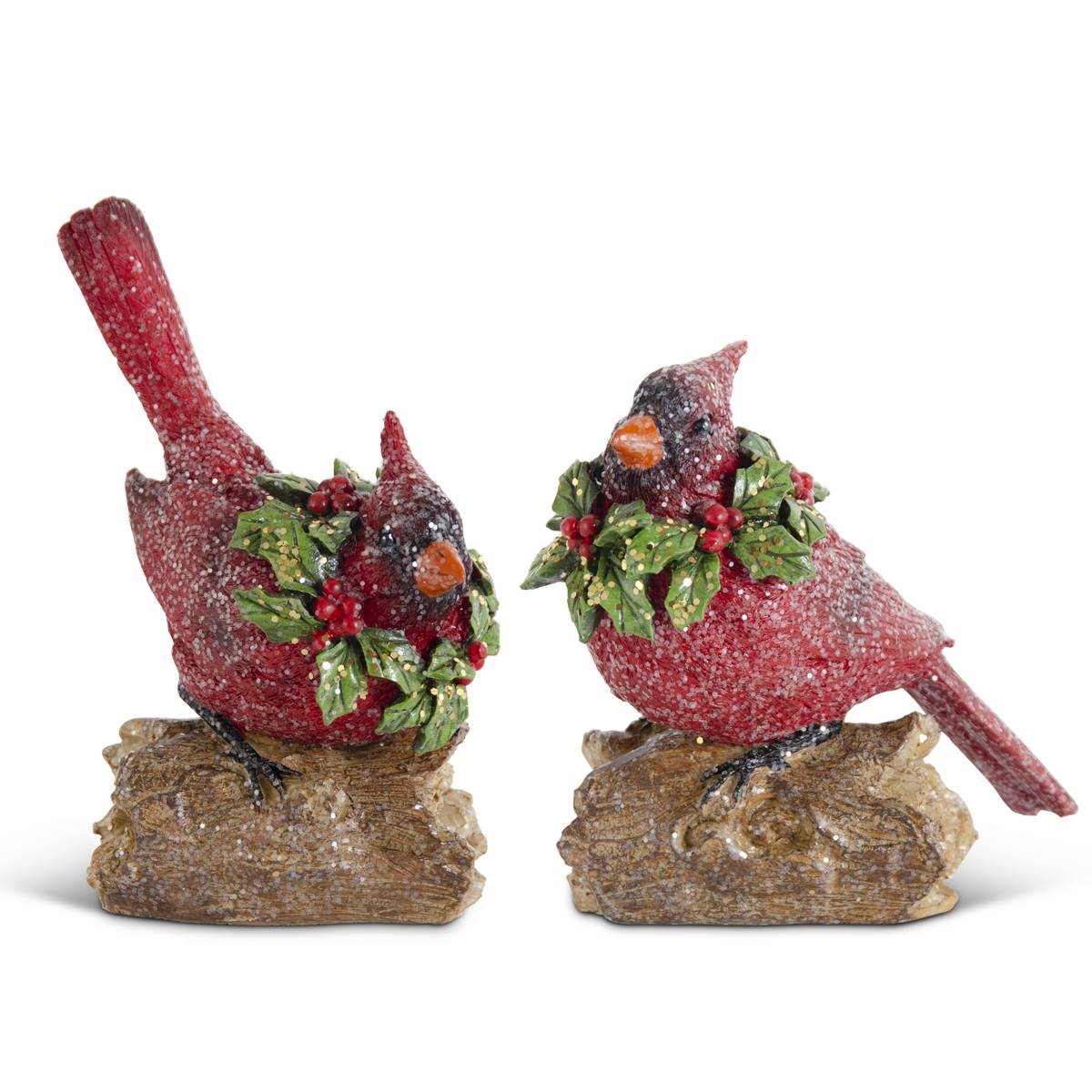 Glittered Resin Cardinals w/Holly Wreaths Perched on Log