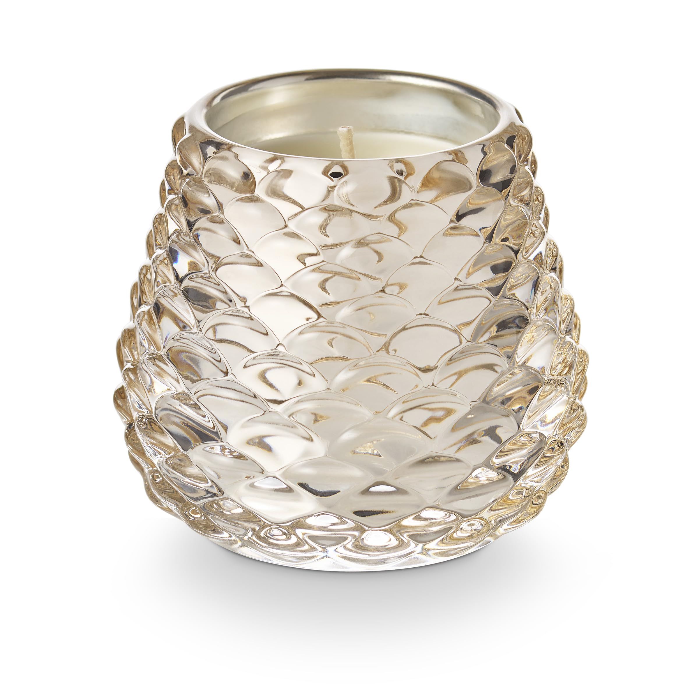 ILLUME Winter White Glass Pinecone Candle in silver champagne textured vessel