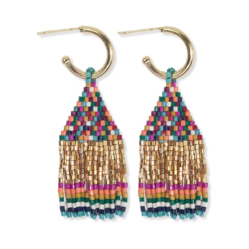 Leta Mini Gold Hoop Confetti Top & Stripe Short Fringe Earrings Muted
