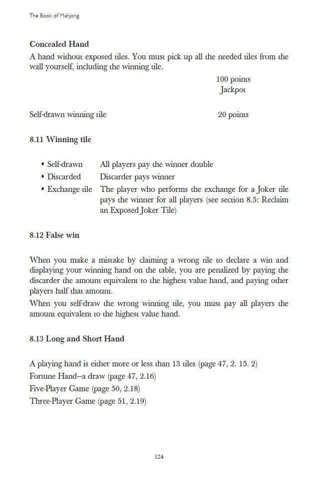 Interior page of The Book of Mahjong showing rules for concealed hands and winning tiles