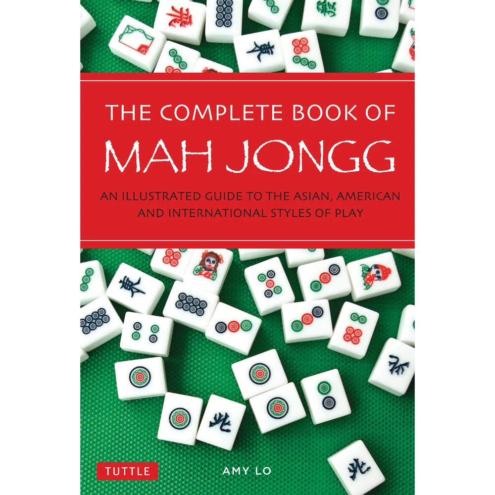 The Complete Book of Mah Jongg by Amy Lo, published by Tuttle, surrounded by game tiles