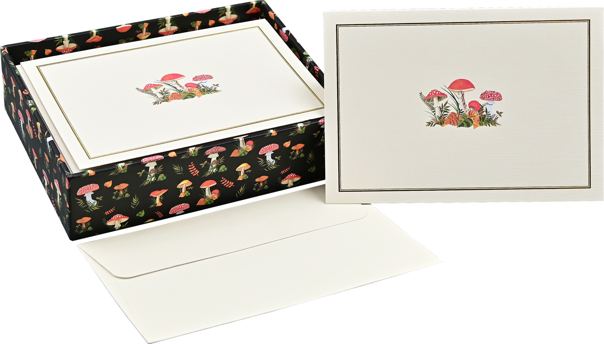 Peter Pauper Press mushroom note cards set with decorative black box and cream envelopes