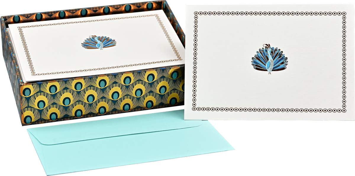 Peter Pauper Press peacock note cards set with decorative box and teal envelopes