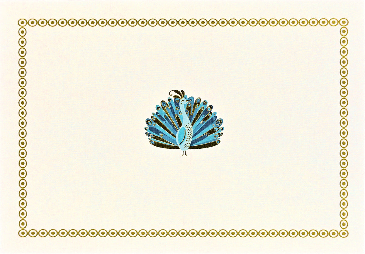 Peter Pauper Press peacock note card with gold border and blue peacock illustration