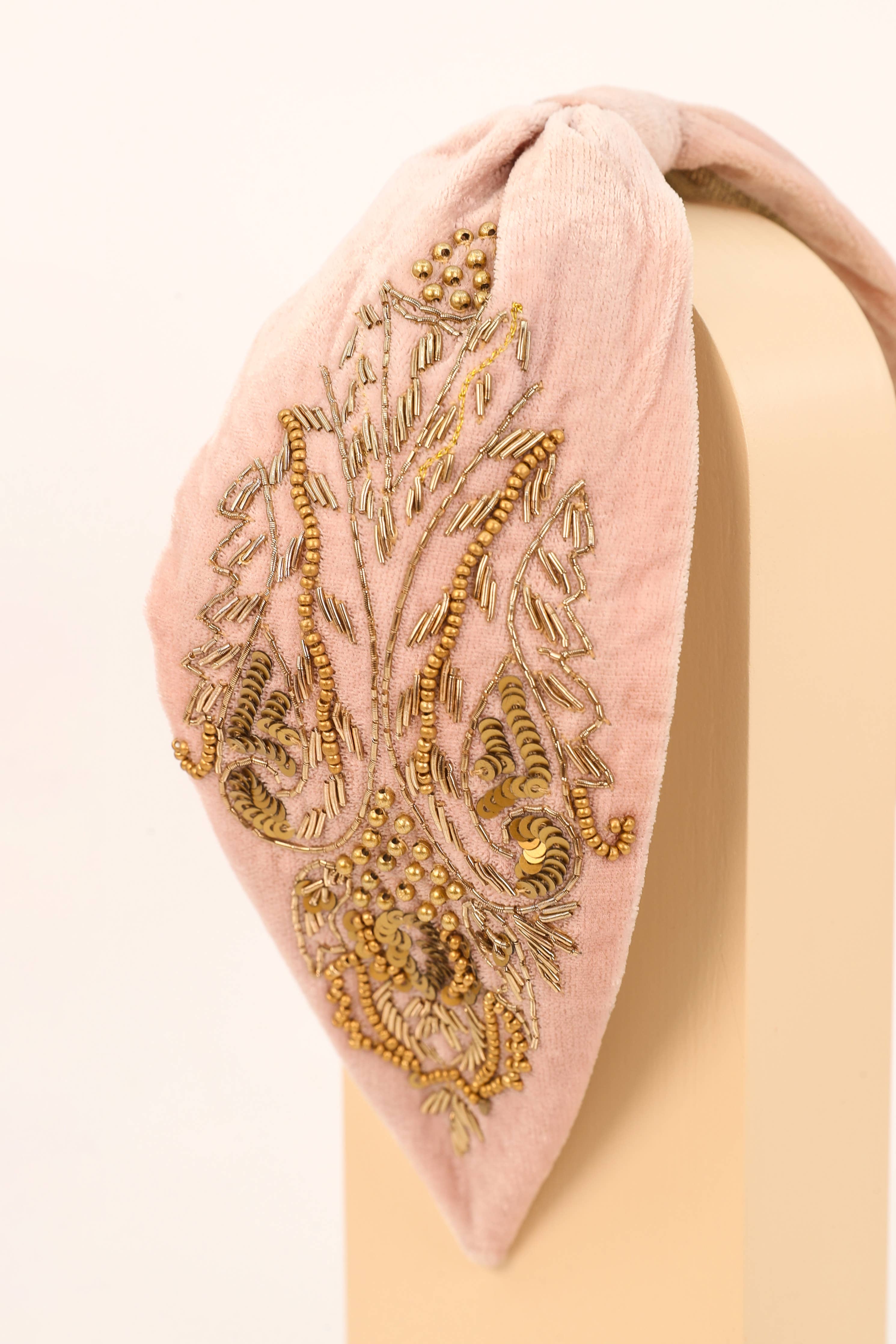 Embellished Wide Velvet Headband - Petal