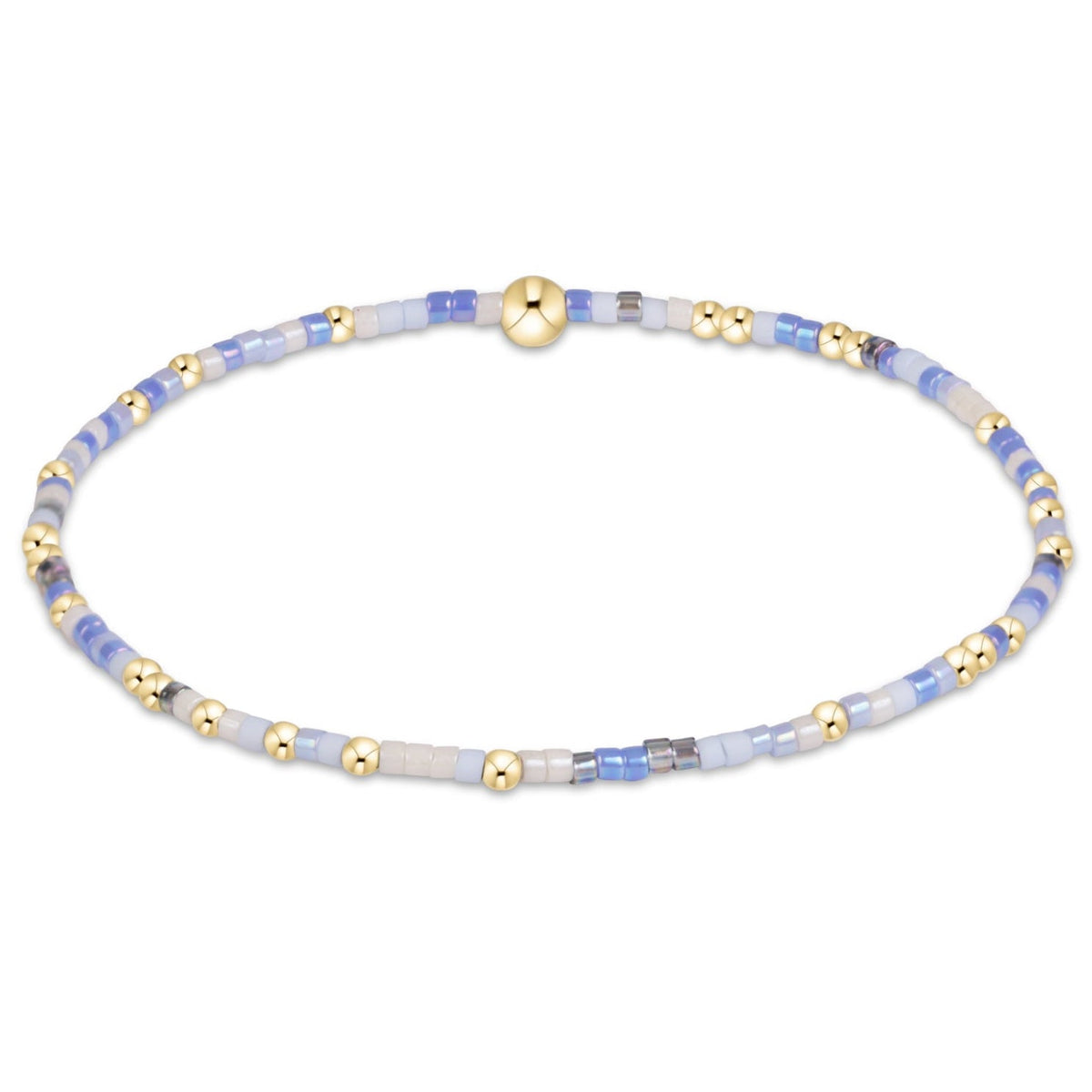 eNewton Hope Unwritten Bloopers bracelet with blue, white, and gold beads on white background