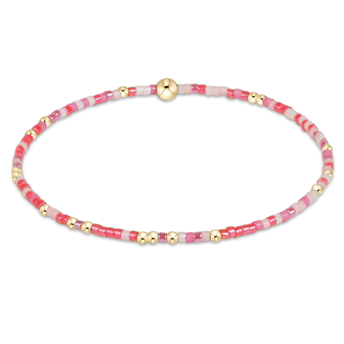 eNewton Hope Unwritten bracelet with pink, red, and gold seed beads on white background