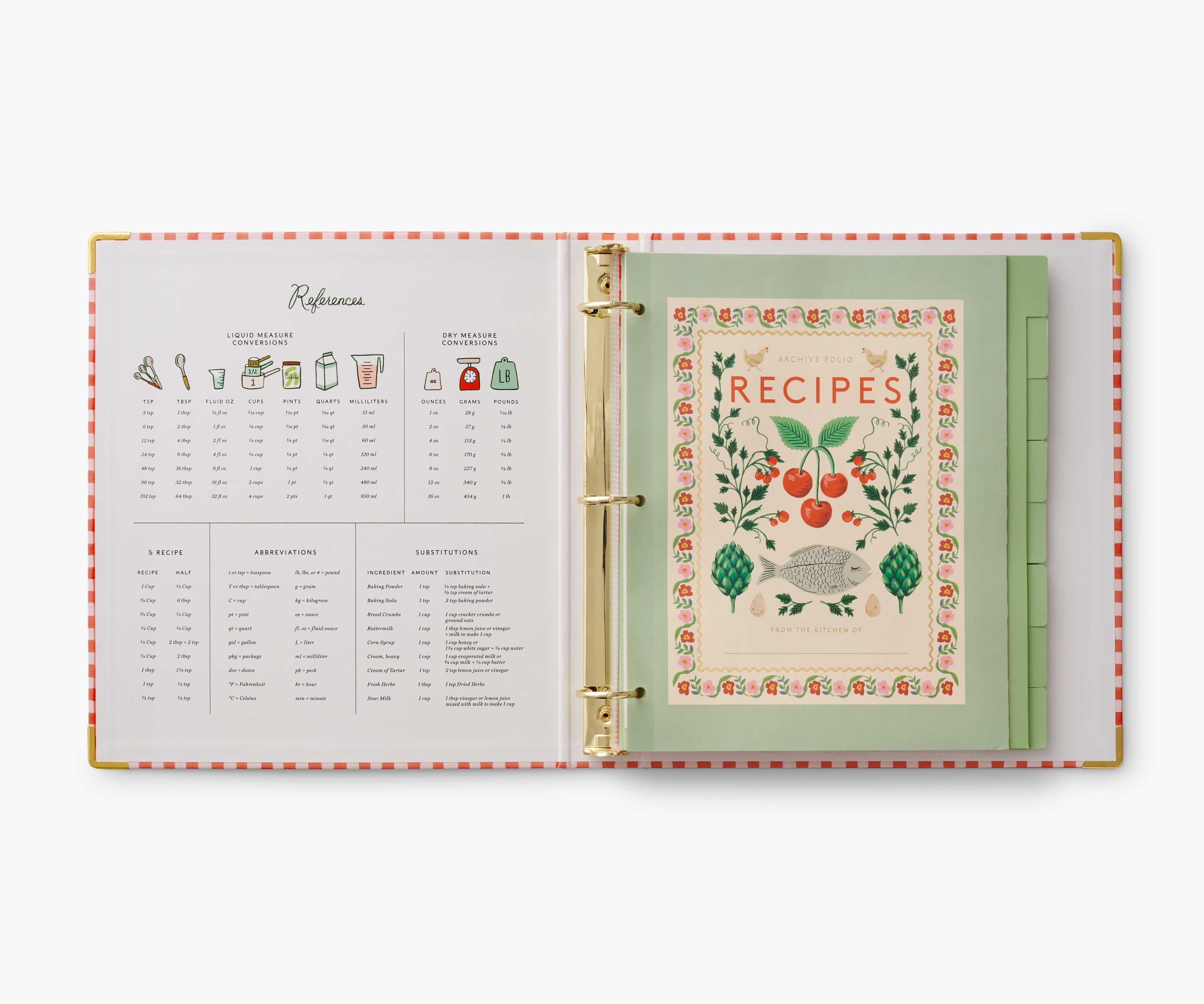 Open Rifle Paper Co. recipe binder showing reference page and illustrated recipe cover sheet