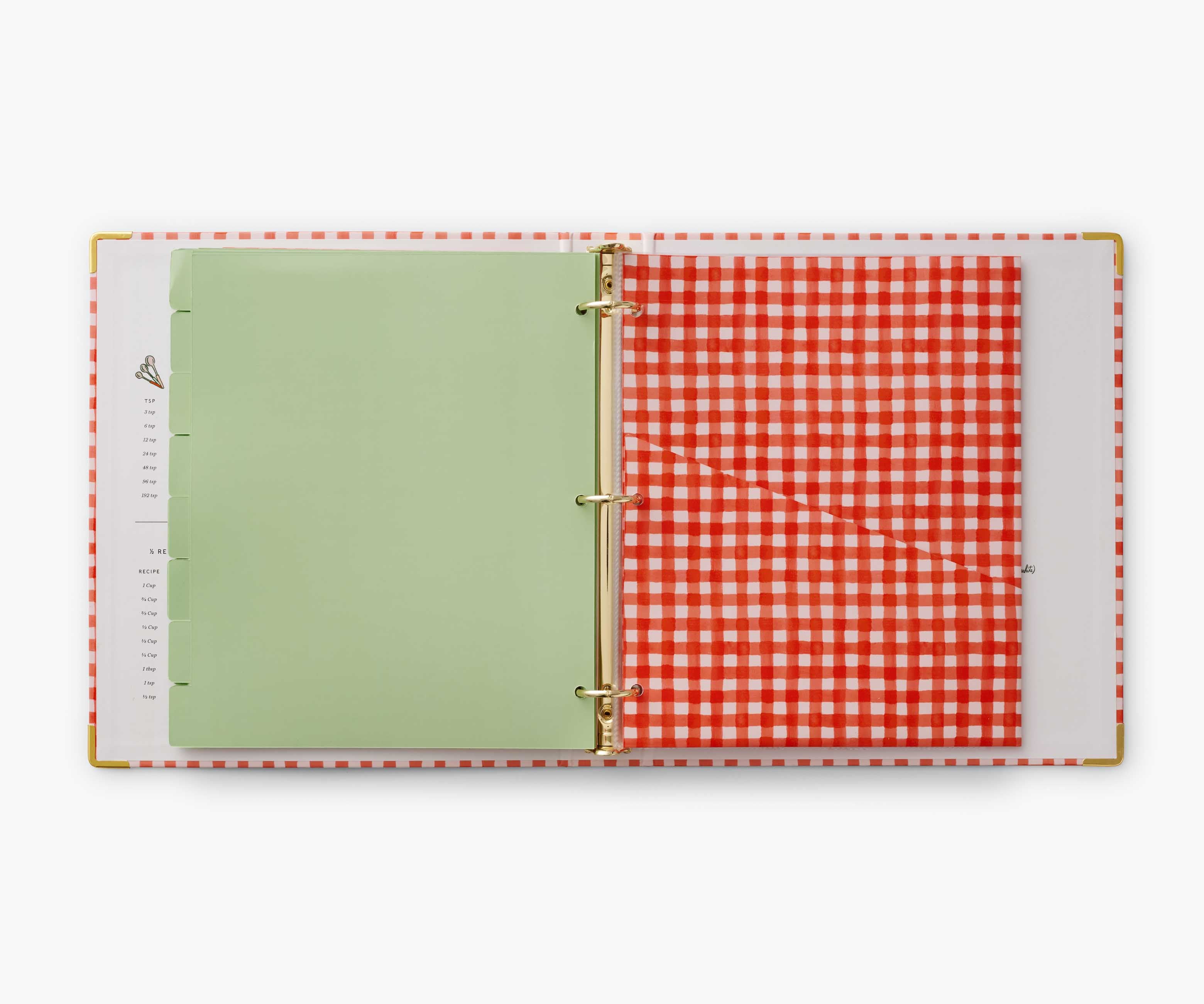 Open Holly Jolly Recipe Binder showing sage green divider tab and red gingham pocket folder inside