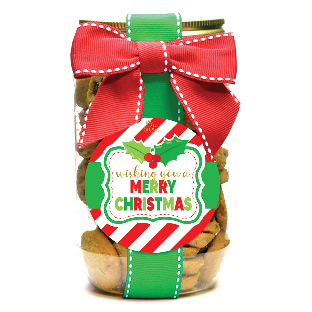 Oh Sugar Christmas cookies in clear jar with red bow and Merry Christmas gift tag
