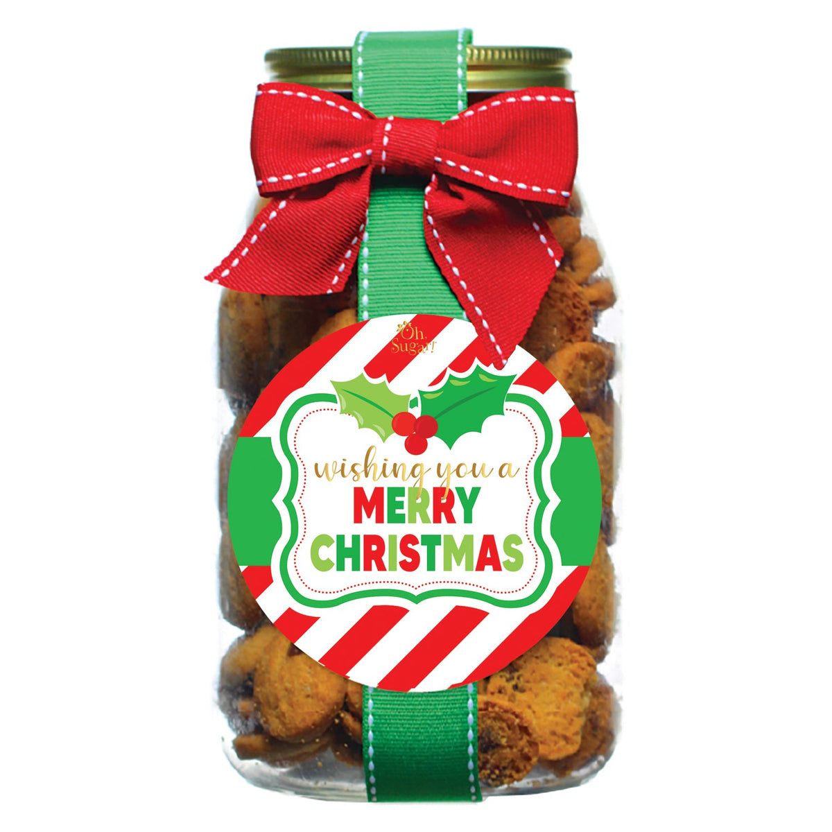 Oh Sugar! Christmas cookies in a glass jar with red bow and Merry Christmas gift tag