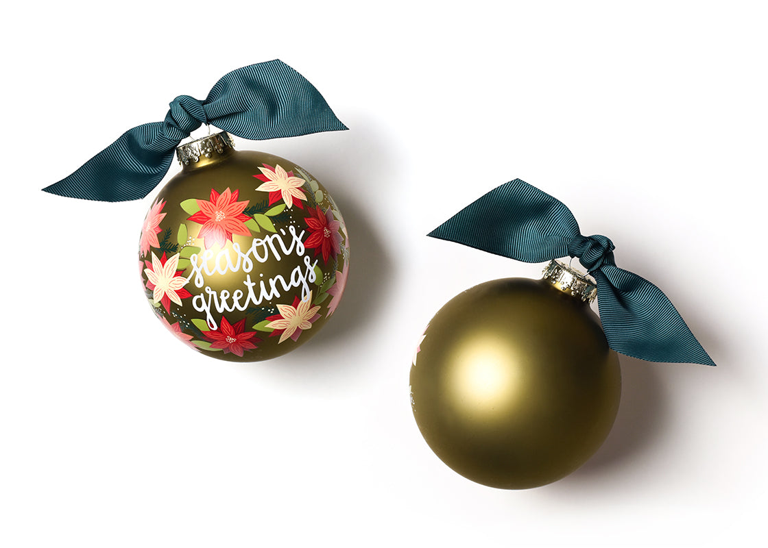 SEASONS GREETINGS POINSETTIA 100MM GLASS ORNAMENT