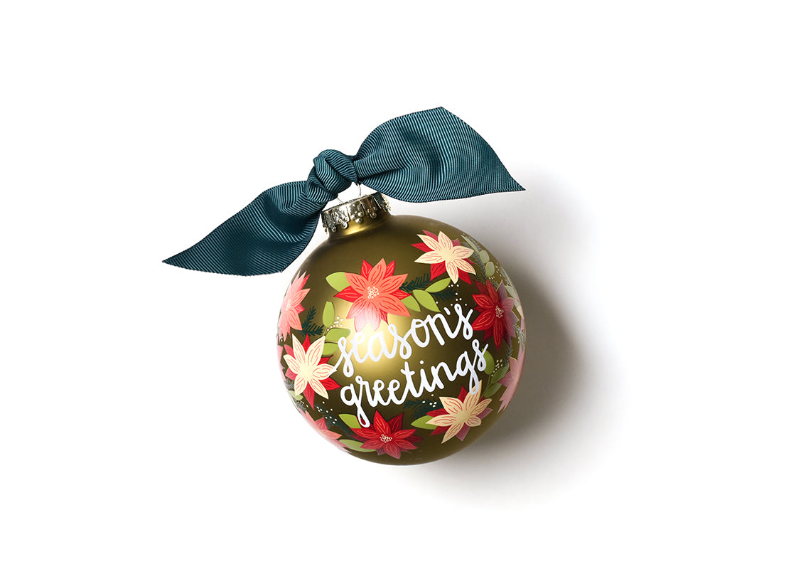 SEASONS GREETINGS POINSETTIA 100MM GLASS ORNAMENT