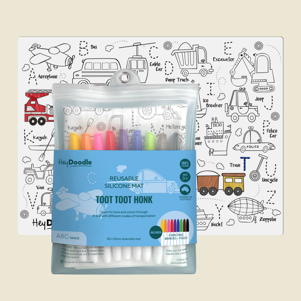 REUSABLE SILICONE ACTIVITY MAT W/MARKERS-"TOOT TOOT HONK"