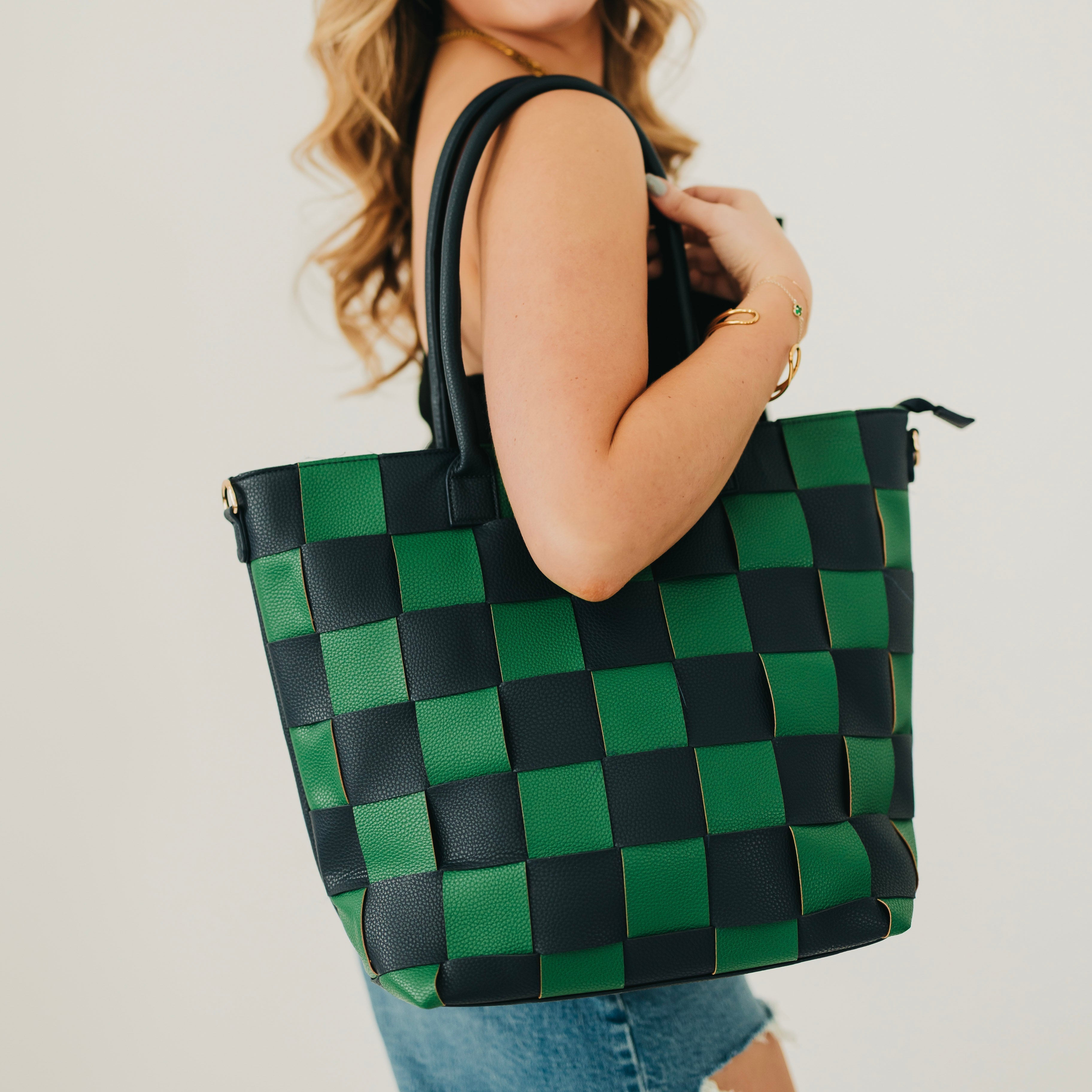 COURTNEY CHECKERED TOTE-WOVEN CHECKERED NAVY/GREEN