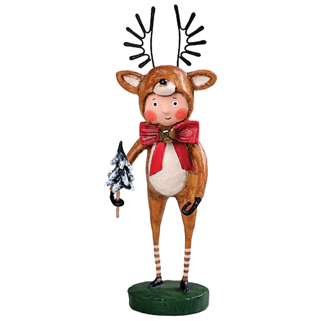 Lori Mitchell Little Dasher reindeer costume figurine holding miniature snow-covered Christmas tree