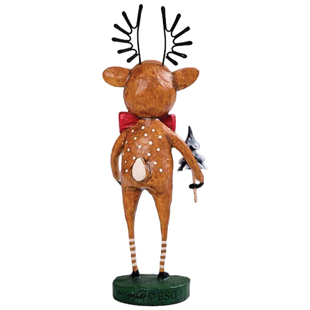 Back view of Little Dasher reindeer figurine with wire antlers holding a miniature Christmas tree