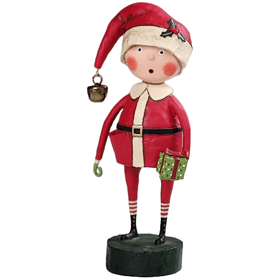 Lori Mitchell Playing Santa figurine in red suit holding bell and green gift box