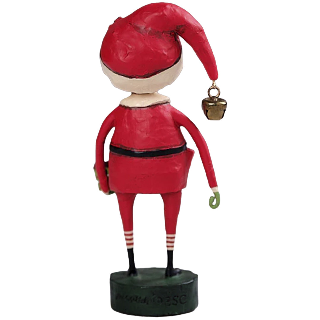 Back view of Playing Santa figurine by Lori Mitchell showing red suit and jingle bell hat