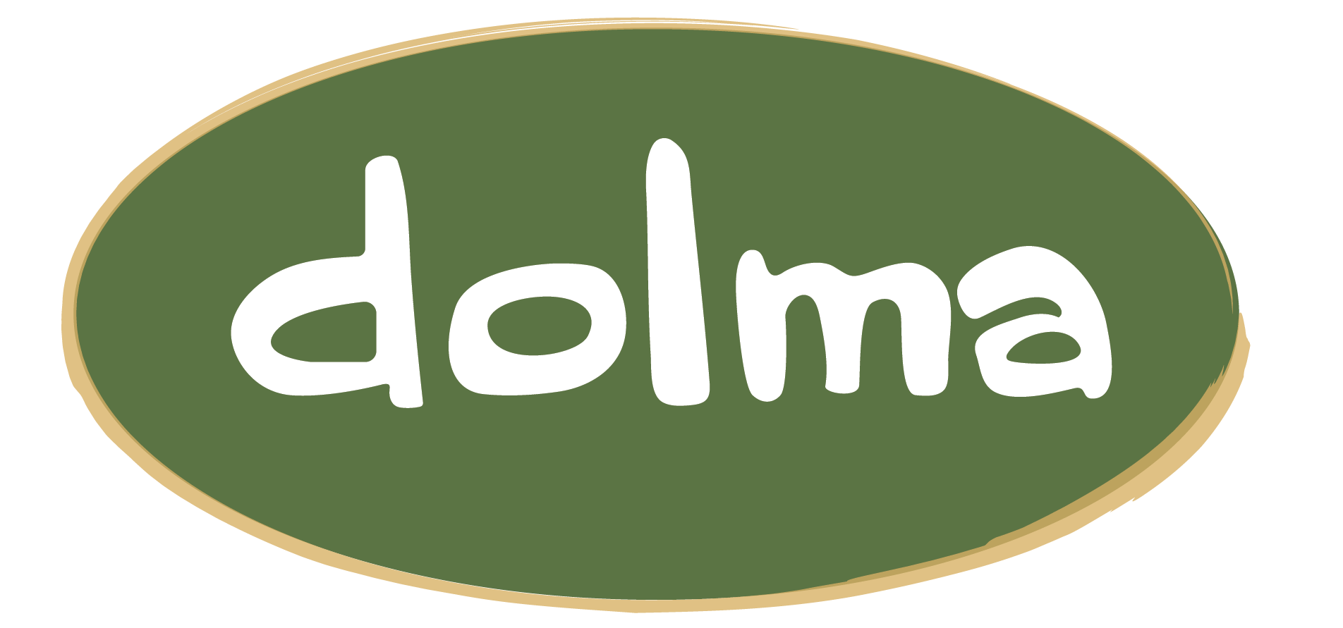 Dolma brand logo on green oval with gold border, white lowercase text
