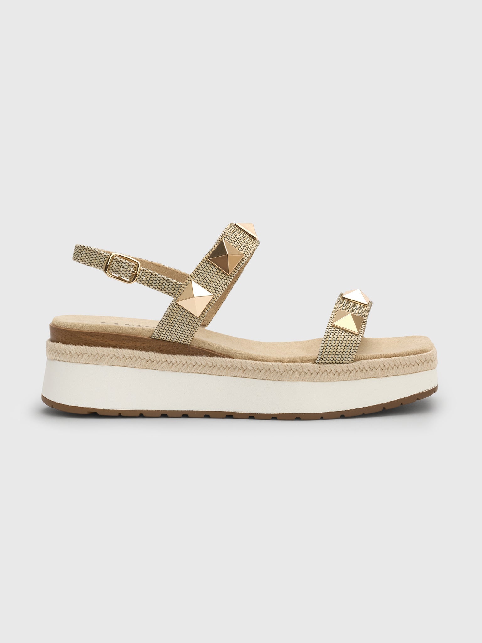 VanEli Elby platform sandal in camel gold with studded straps and espadrille-trimmed sole
