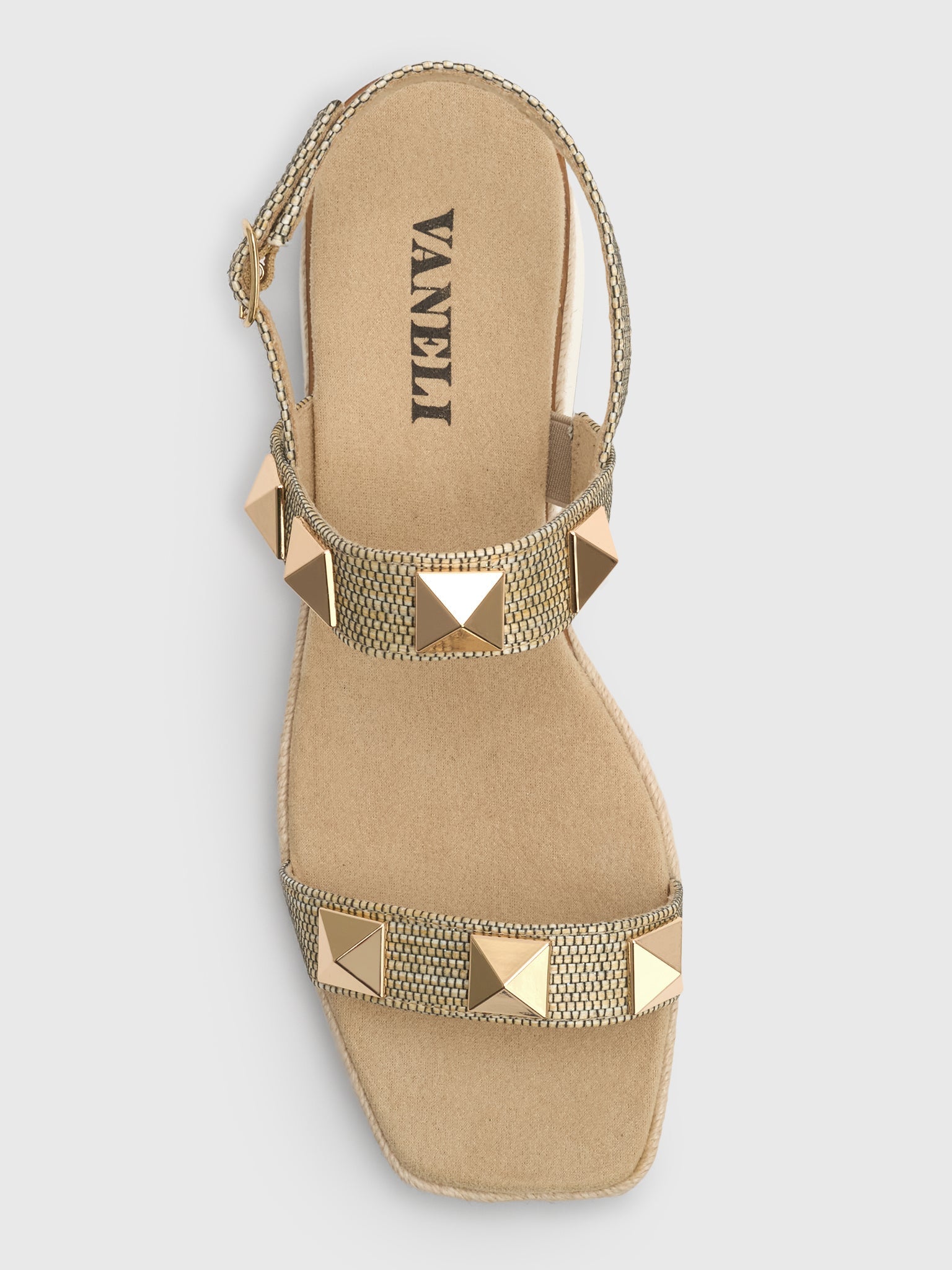 VANELI Elby flat sandal in camel gold with pyramid studs and double straps, top view