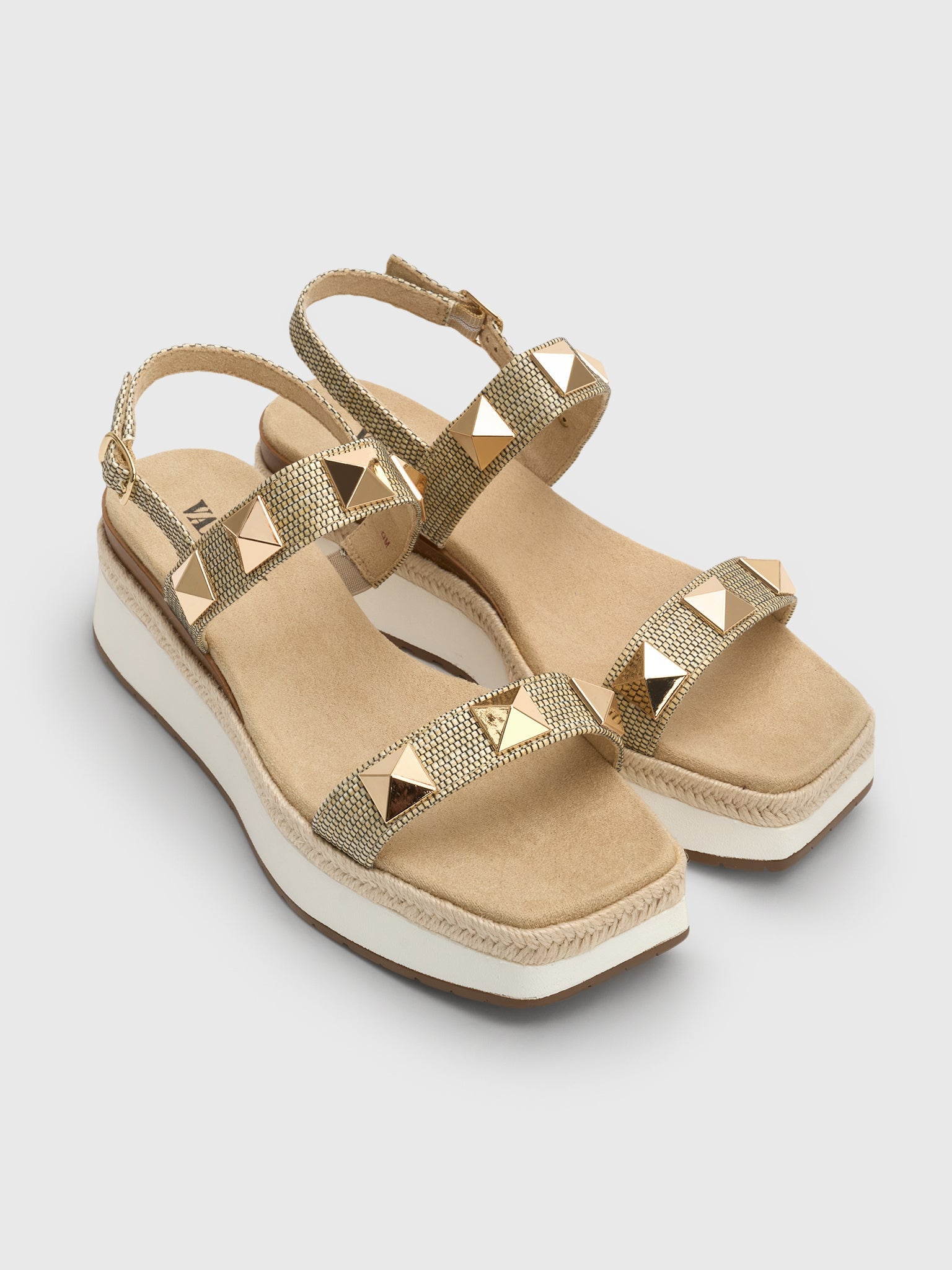 VanEli Elby platform sandals in camel gold with pyramid studs and espadrille sole