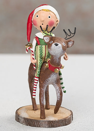 Lori Mitchell elf figurine riding a reindeer with candy cane on wood base