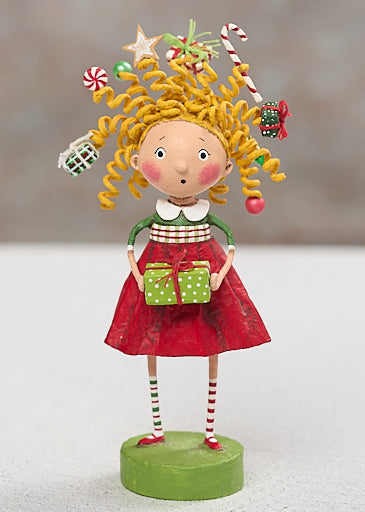 Lori Mitchell Gabby Giftmas figurine girl with curly hair holding green gift box