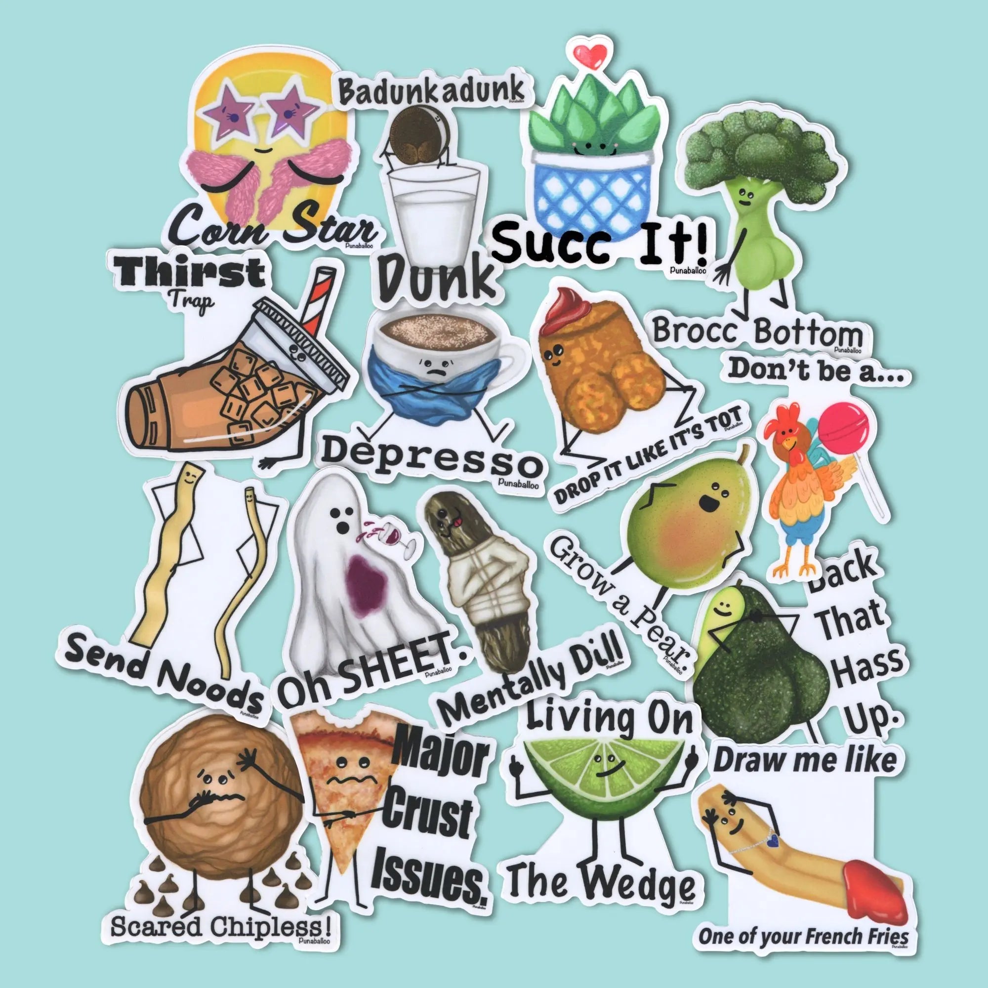 Punaballoo food pun sticker sheet featuring cartoon characters with humorous captions on teal background