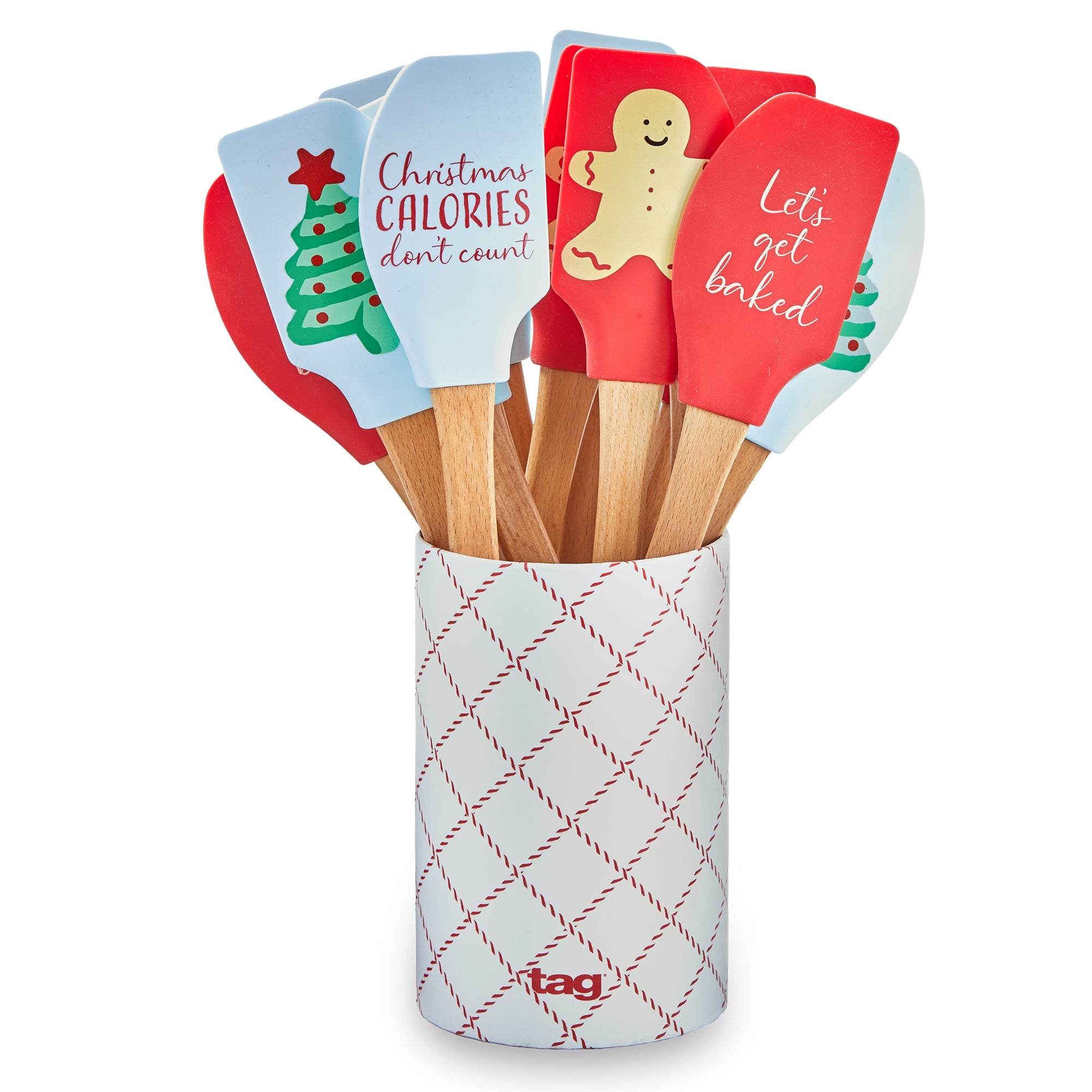 TAG Christmas spatula set with holiday designs in decorative crock, assorted colors
