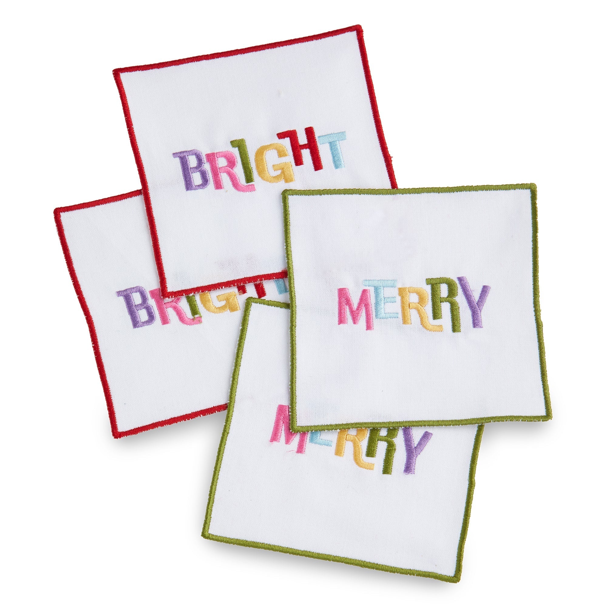 Set of four white cotton coasters with colorful embroidered MERRY and BRIGHT text