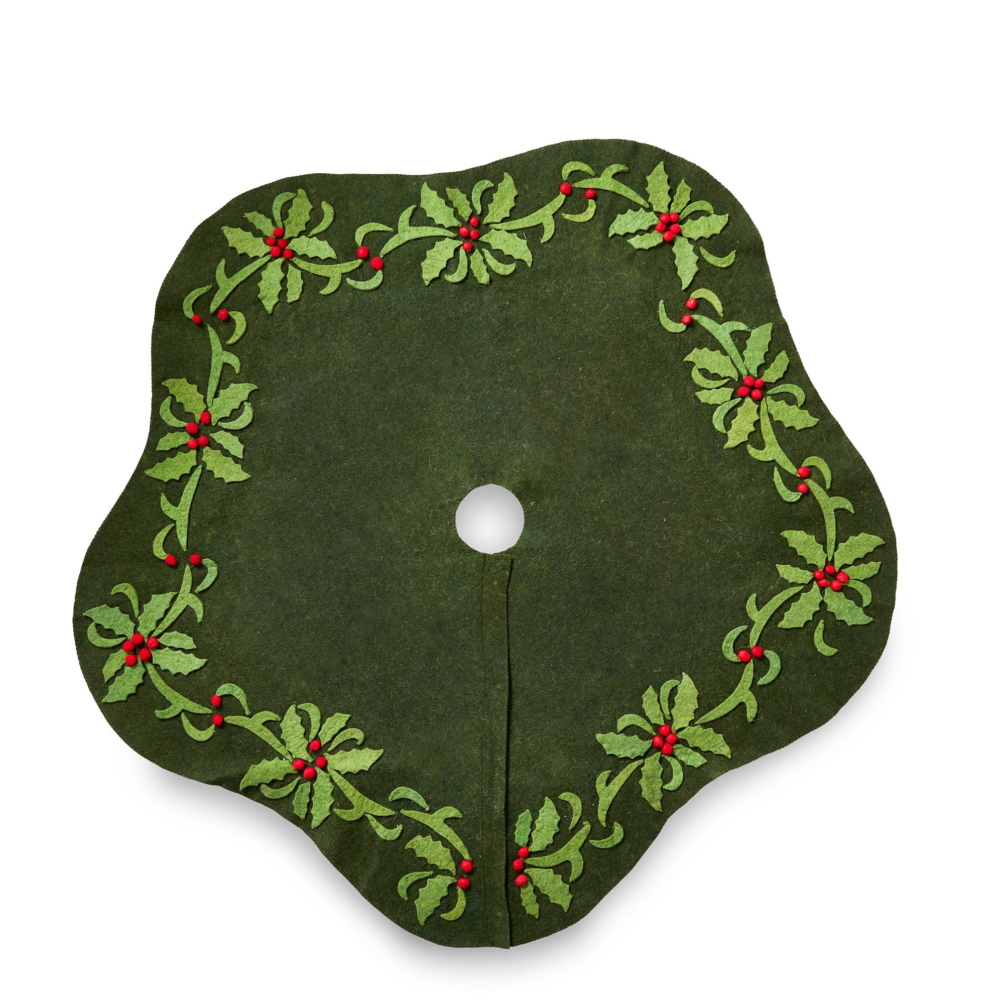 Dark green felt Christmas tree skirt with holly leaf and red berry appliqué border design